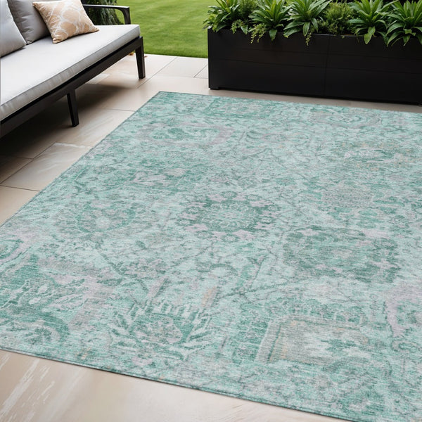 HomeRoots 5' Teal Blue and Gray Damask Area Rug - Elegant, Washable Design for Indoor and Outdoor Spaces 5' X 8' 603792