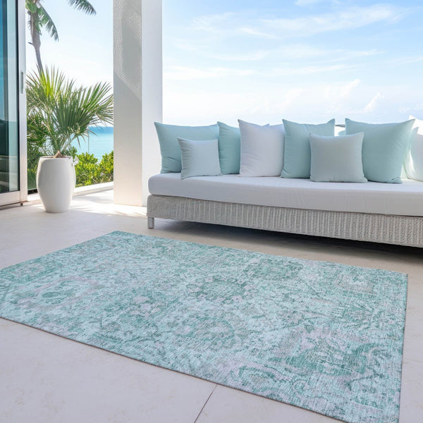 HomeRoots 5' Teal Blue and Gray Damask Area Rug - Elegant, Washable Design for Indoor and Outdoor Spaces 5' X 8' 603792