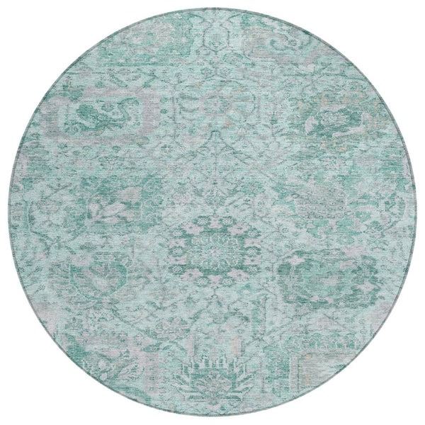 HomeRoots 5' Teal Blue and Gray Damask Area Rug - Elegant, Washable Design for Indoor and Outdoor Spaces 8' Round 603793