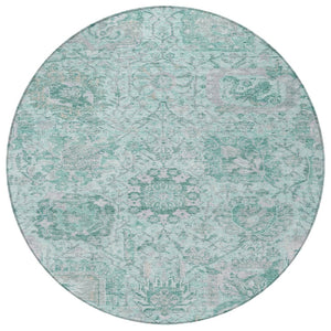 HomeRoots 5' Teal Blue and Gray Damask Area Rug - Elegant, Washable Design for Indoor and Outdoor Spaces 8' Round 603793