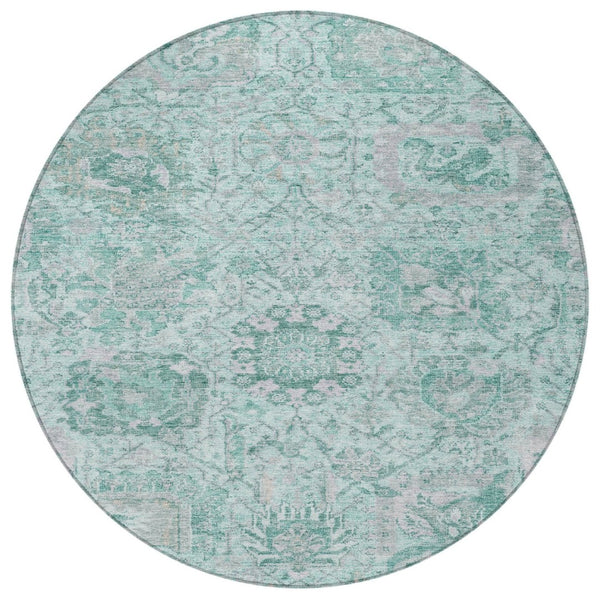 HomeRoots 5' Teal Blue and Gray Damask Area Rug - Elegant, Washable Design for Indoor and Outdoor Spaces 8' Round 603793