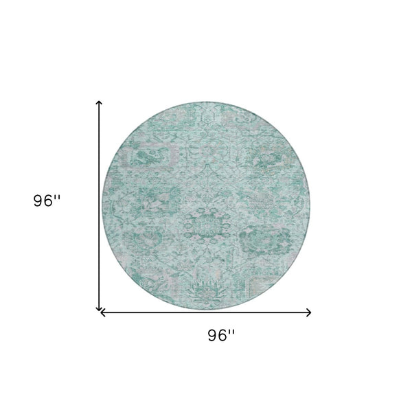 HomeRoots 5' Teal Blue and Gray Damask Area Rug - Elegant, Washable Design for Indoor and Outdoor Spaces 8' Round 603793