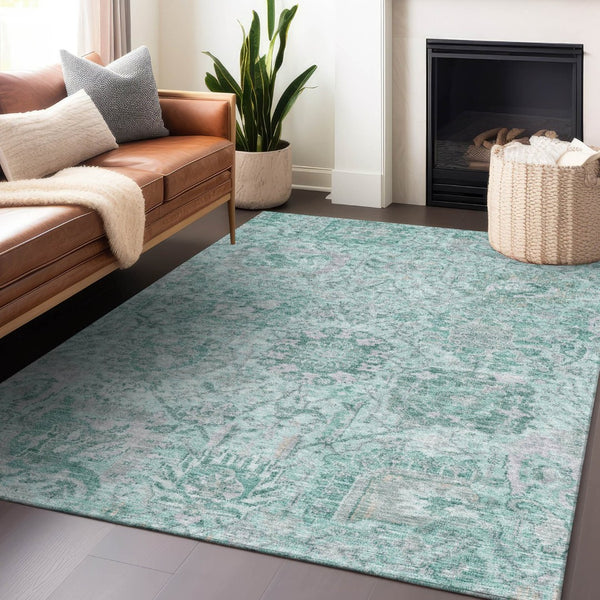 HomeRoots 5' Teal Blue and Gray Damask Area Rug - Elegant, Washable Design for Indoor and Outdoor Spaces 8' X 10' 603794