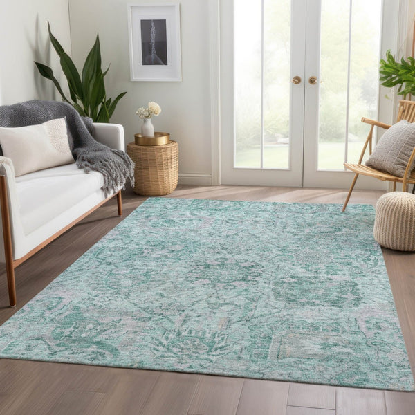 HomeRoots 5' Teal Blue and Gray Damask Area Rug - Elegant, Washable Design for Indoor and Outdoor Spaces 8' X 10' 603794
