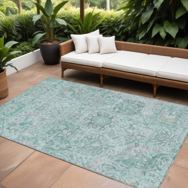 HomeRoots 5' Teal Blue and Gray Damask Area Rug - Elegant, Washable Design for Indoor and Outdoor Spaces 10' X 14' 603796