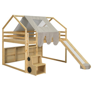 English Elm Full Size Kids House Loft Bed Pinewood Frame with Tent Slide and Play Storage Natural LT000683AAD