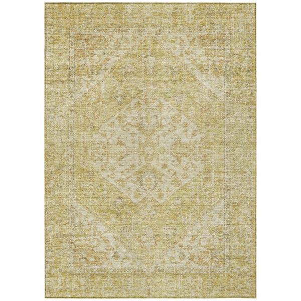 HomeRoots 5' Elegant Gold Tan Beige Oriental Area Rug - Durable, Washable for Indoor & Outdoor Spaces 5' X 8' 603810
