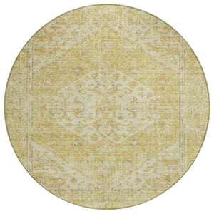 HomeRoots 5' Elegant Gold Tan Beige Oriental Area Rug - Durable, Washable for Indoor & Outdoor Spaces 8' Round 603811