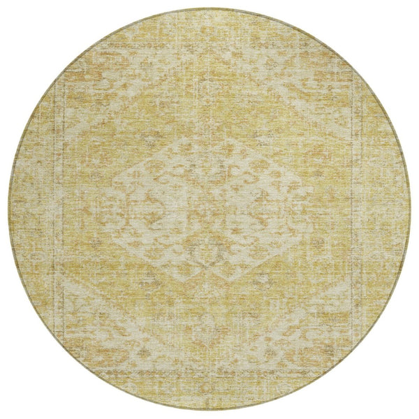 HomeRoots 5' Elegant Gold Tan Beige Oriental Area Rug - Durable, Washable for Indoor & Outdoor Spaces 8' Round 603811