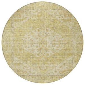 HomeRoots 5' Elegant Gold Tan Beige Oriental Area Rug - Durable, Washable for Indoor & Outdoor Spaces 8' Round 603811