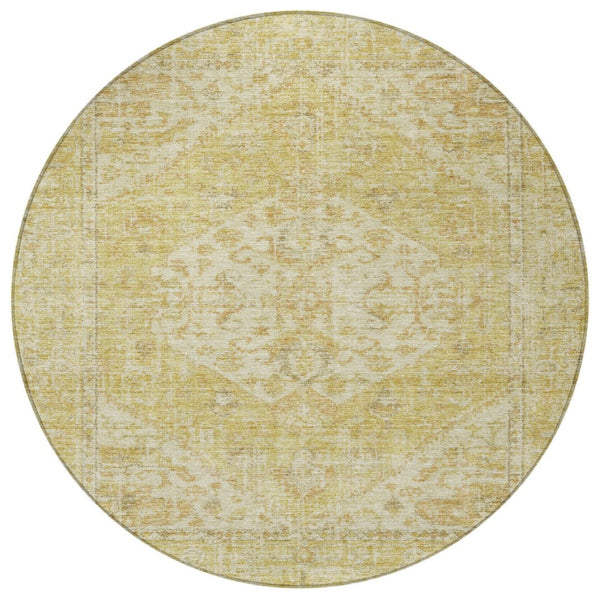 HomeRoots 5' Elegant Gold Tan Beige Oriental Area Rug - Durable, Washable for Indoor & Outdoor Spaces 8' Round 603811