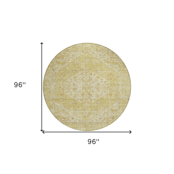 HomeRoots 5' Elegant Gold Tan Beige Oriental Area Rug - Durable, Washable for Indoor & Outdoor Spaces 8' Round 603811