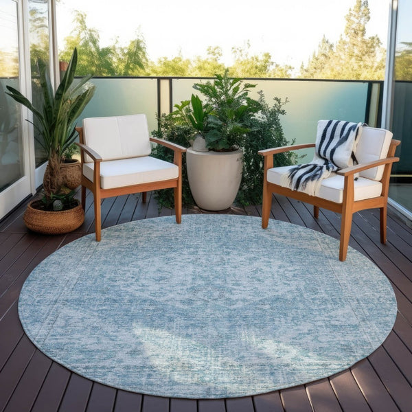 HomeRoots 5' Elegant Sky Blue and Ivory Oriental Washable Area Rug for Indoor and Outdoor Spaces, Easy Care 8' Round 603823