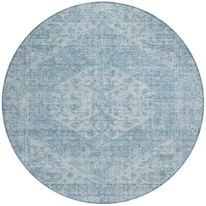 HomeRoots 5' Elegant Sky Blue and Ivory Oriental Washable Area Rug for Indoor and Outdoor Spaces, Easy Care 8' Round 603823