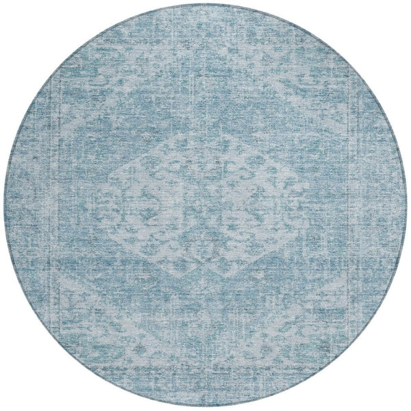 HomeRoots 5' Elegant Sky Blue and Ivory Oriental Washable Area Rug for Indoor and Outdoor Spaces, Easy Care 8' Round 603823