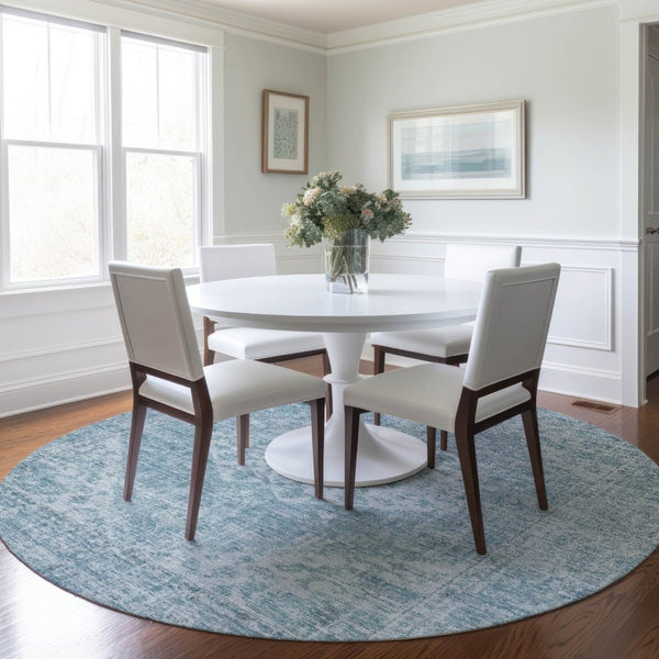 HomeRoots 5' Elegant Sky Blue and Ivory Oriental Washable Area Rug for Indoor and Outdoor Spaces, Easy Care 8' Round 603823