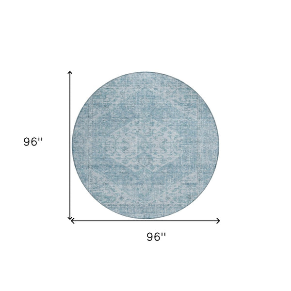 HomeRoots 5' Elegant Sky Blue and Ivory Oriental Washable Area Rug for Indoor and Outdoor Spaces, Easy Care 8' Round 603823