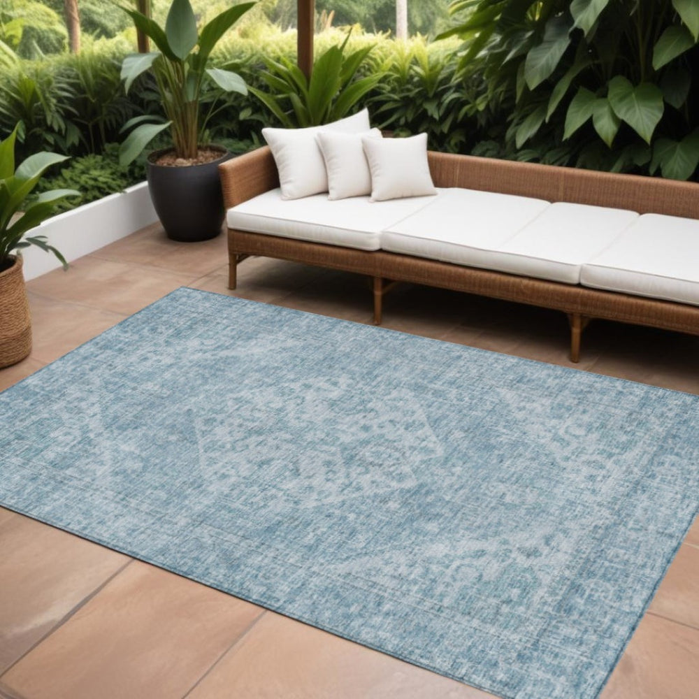 HomeRoots 9' Sky Blue and Ivory Oriental Area Rug - Durable, Washable Indoor/Outdoor Style for Any Space 603825