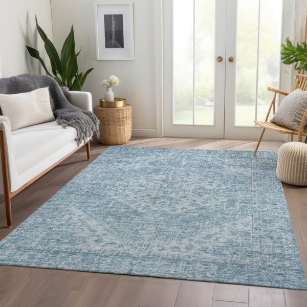 HomeRoots 5' Elegant Sky Blue and Ivory Oriental Washable Area Rug for Indoor and Outdoor Spaces, Easy Care 10' X 14' 603826