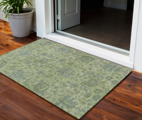 Homeroots 3' Artichoke Green And Gray Damask Washable Area Rug For Stylish Indoor And Outdoor Spaces 3' X 5' Polyester 603827