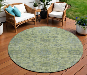 Homeroots 3' Artichoke Green And Gray Damask Washable Area Rug For Stylish Indoor And Outdoor Spaces 8' Round Polyester 603829