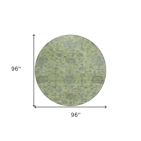 Homeroots 3' Artichoke Green And Gray Damask Washable Area Rug For Stylish Indoor And Outdoor Spaces 8' Round Polyester 603829