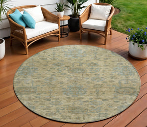 Homeroots 3' Artichoke Green And Gray Damask Washable Area Rug For Stylish Indoor And Outdoor Spaces 8' Round Polyester 603835
