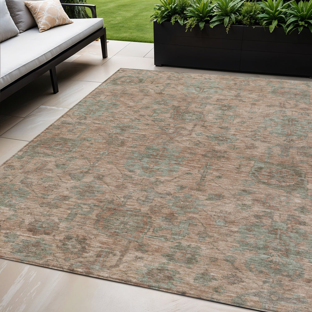 Homeroots 3' Artichoke Green And Gray Damask Washable Area Rug For Stylish Indoor And Outdoor Spaces 5' X 8' Polyester 603840