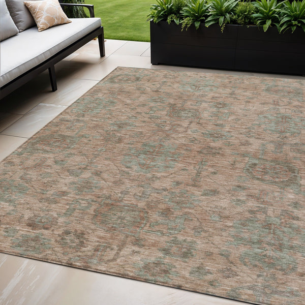 Homeroots 3' Artichoke Green And Gray Damask Washable Area Rug For Stylish Indoor And Outdoor Spaces 5' X 8' Polyester 603840