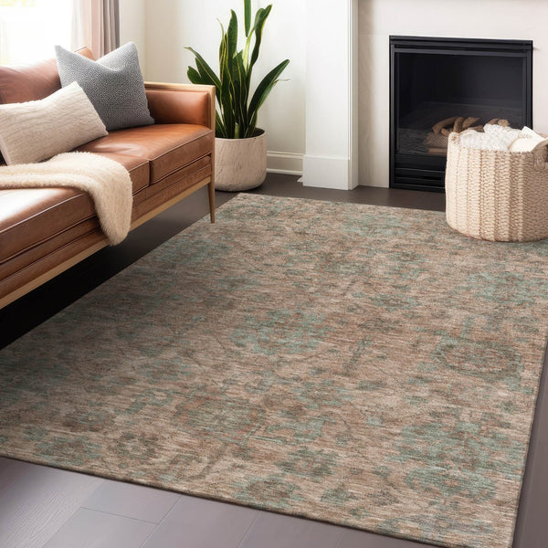 Homeroots 3' Artichoke Green And Gray Damask Washable Area Rug For Stylish Indoor And Outdoor Spaces 9' X 12' Polyester 603843