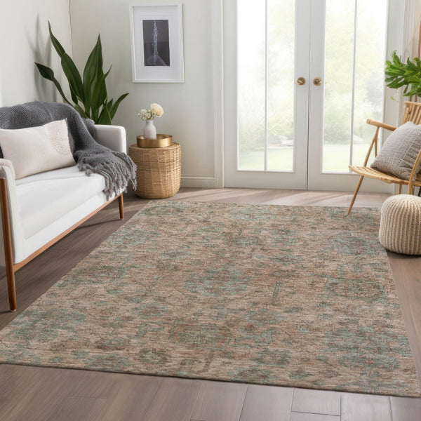 Homeroots 3' Artichoke Green And Gray Damask Washable Area Rug For Stylish Indoor And Outdoor Spaces 10' X 14' Polyester 603844