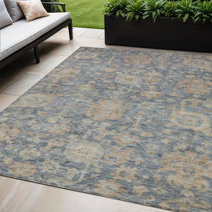 Homeroots 3' Artichoke Green And Gray Damask Washable Area Rug For Stylish Indoor And Outdoor Spaces 5' X 8' Polyester 603846