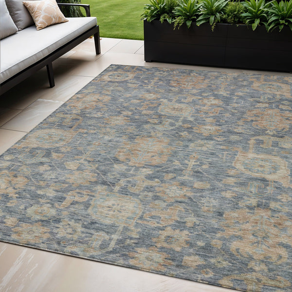 Homeroots 3' Artichoke Green And Gray Damask Washable Area Rug For Stylish Indoor And Outdoor Spaces 5' X 8' Polyester 603846