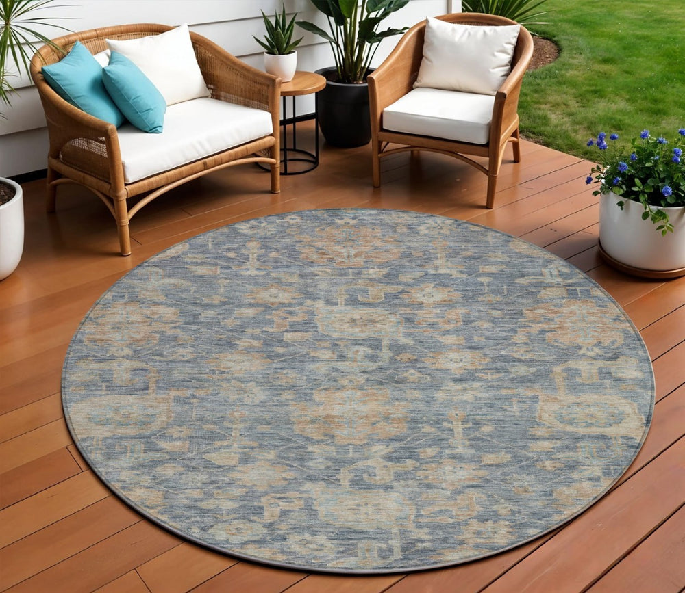 HomeRoots 5' Denim Blue, Brown & Beige Damask Rug – Durable, Washable Indoor/Outdoor Area Rug for Any Space 8' Round 603847