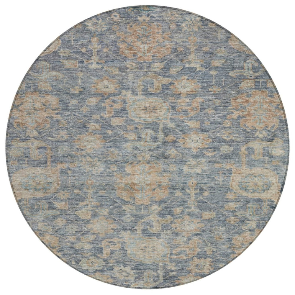 HomeRoots 5' Denim Blue, Brown & Beige Damask Rug – Durable, Washable Indoor/Outdoor Area Rug for Any Space 8' Round 603847