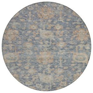 HomeRoots 5' Denim Blue, Brown & Beige Damask Rug – Durable, Washable Indoor/Outdoor Area Rug for Any Space 8' Round 603847