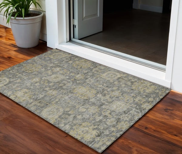 Homeroots 3' Artichoke Green And Gray Damask Washable Area Rug For Stylish Indoor And Outdoor Spaces 3' X 5' Polyester 603851