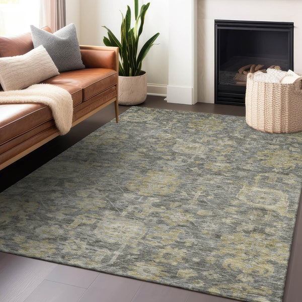 Homeroots 3' Artichoke Green And Gray Damask Washable Area Rug For Stylish Indoor And Outdoor Spaces 5' X 8' Polyester 603852