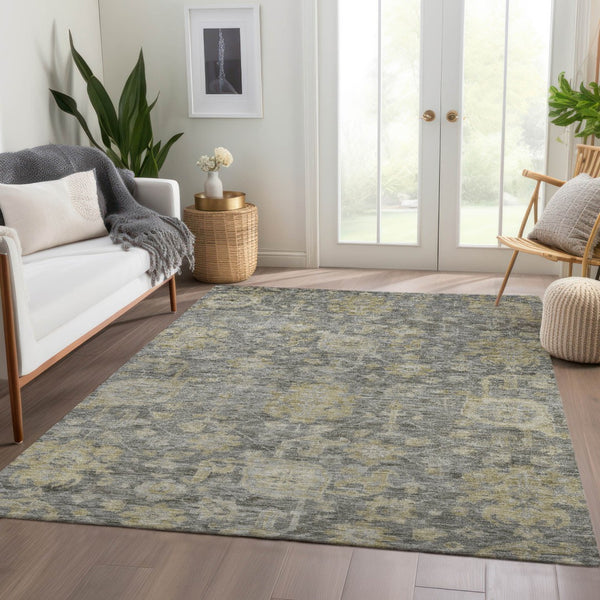 Homeroots 3' Artichoke Green And Gray Damask Washable Area Rug For Stylish Indoor And Outdoor Spaces 5' X 8' Polyester 603852