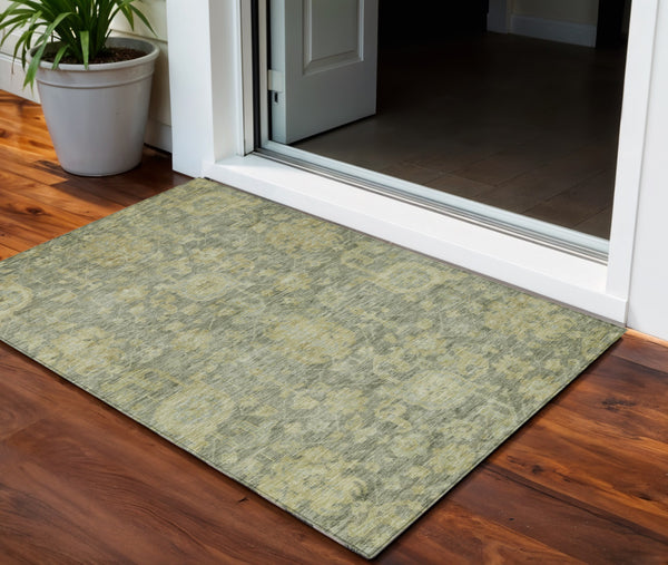 Homeroots 3' Artichoke Green And Gray Damask Washable Area Rug For Stylish Indoor And Outdoor Spaces 3' X 5' Polyester 603857