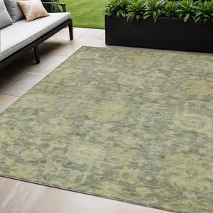 Homeroots 3' Artichoke Green And Gray Damask Washable Area Rug For Stylish Indoor And Outdoor Spaces 5' X 8' Polyester 603858