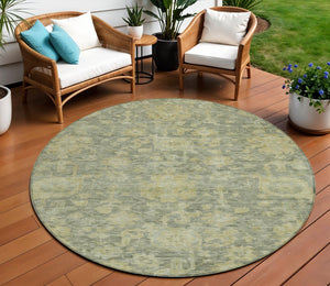 Homeroots 3' Artichoke Green And Gray Damask Washable Area Rug For Stylish Indoor And Outdoor Spaces 8' Round Polyester 603859