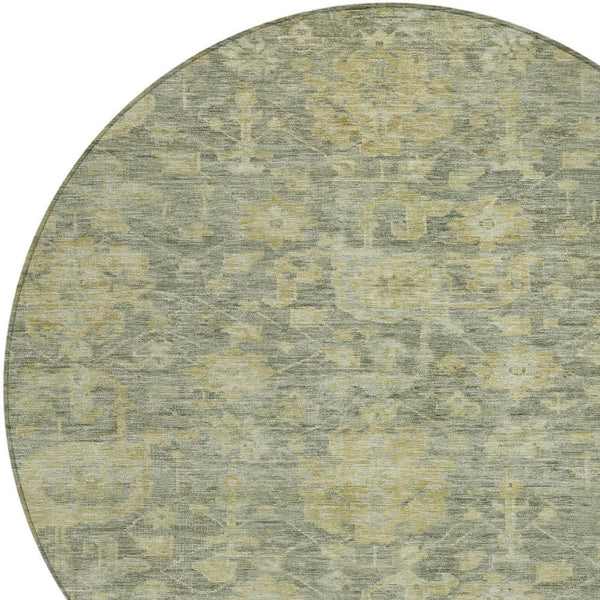 Homeroots 3' Artichoke Green And Gray Damask Washable Area Rug For Stylish Indoor And Outdoor Spaces 8' Round Polyester 603859