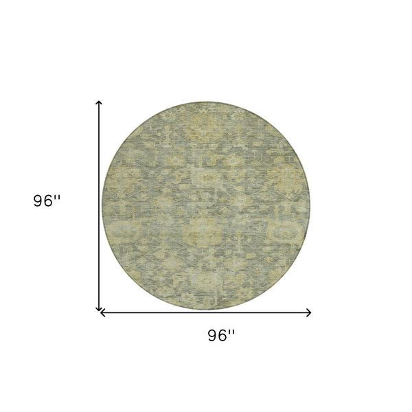 Homeroots 3' Artichoke Green And Gray Damask Washable Area Rug For Stylish Indoor And Outdoor Spaces 8' Round Polyester 603859