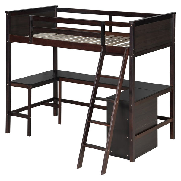 English Elm Twin Loft Bed with Built-in Desk and Open Shelves Solid Pine Kids Study Sleep Espresso LT001537AAP-1