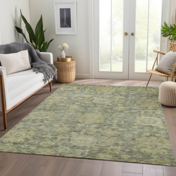 Homeroots 3' Artichoke Green And Gray Damask Washable Area Rug For Stylish Indoor And Outdoor Spaces 10' X 14' Polyester 603862