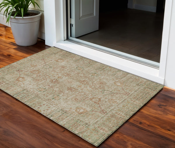 Homeroots 3' Beige Brown And Green Oriental Washable Rug - Perfect For Indoor Or Outdoor Spaces, Durable Design 3' X 5' Polyester 603863
