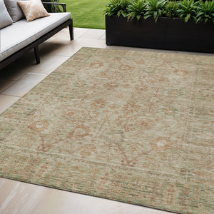 Homeroots 3' Beige Brown And Green Oriental Washable Rug - Perfect For Indoor Or Outdoor Spaces, Durable Design 5' X 8' Polyester 603864
