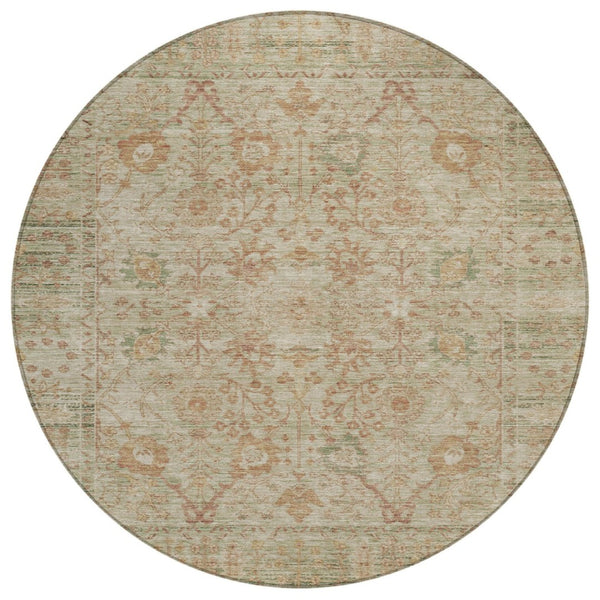 HomeRoots 5' Elegant Oriental Area Rug in Beige, Brown, and Green - Durable, Washable for Indoor & Outdoor Use 8' Round 603865