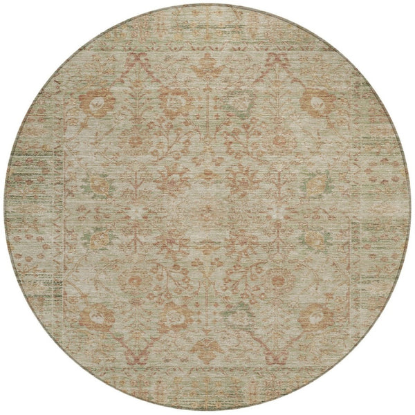 Homeroots 3' Beige Brown And Green Oriental Washable Rug - Perfect For Indoor Or Outdoor Spaces, Durable Design 8' Round Polyester 603865